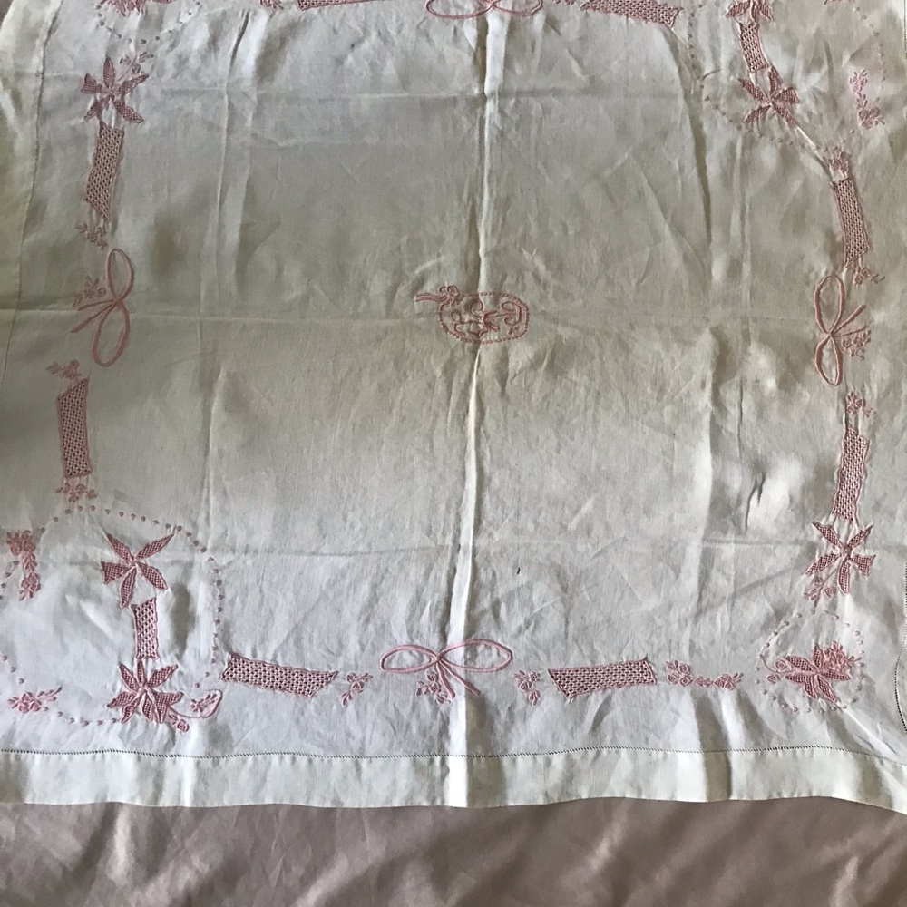 Vintage linen hand embroided small tablecloth made in Rumania in the 1950’s